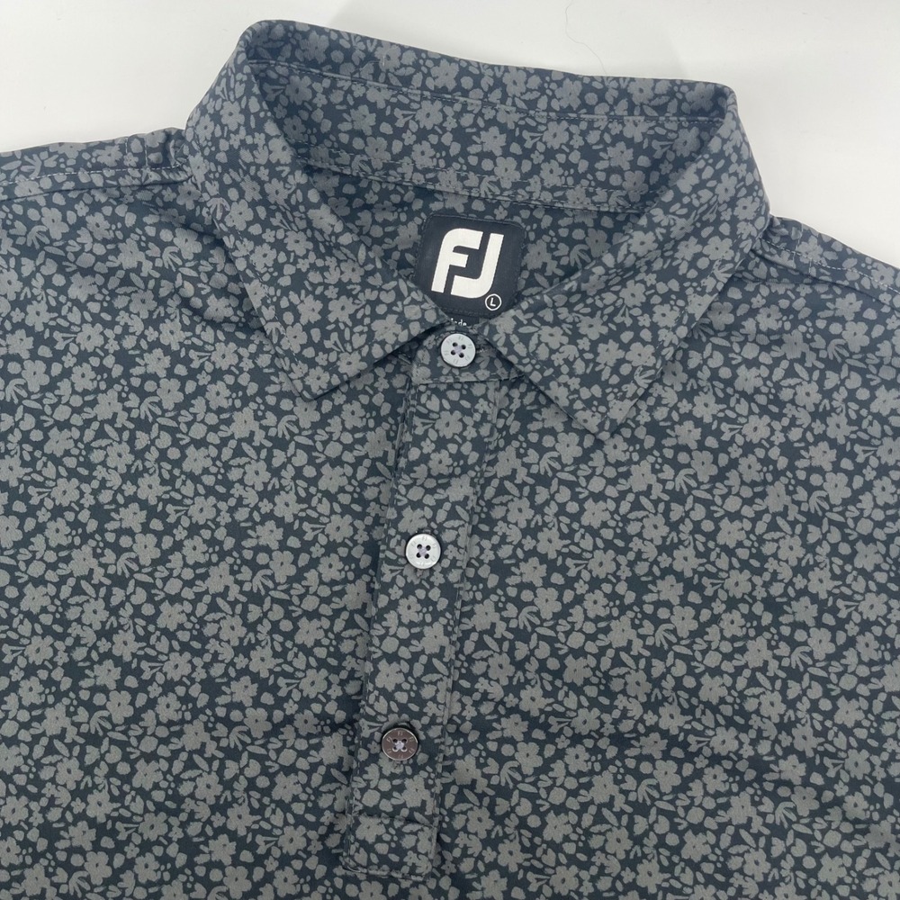 FootJoy Polo Shirt Men‎ Large Grey Black Floral Print S/S Golf Performance